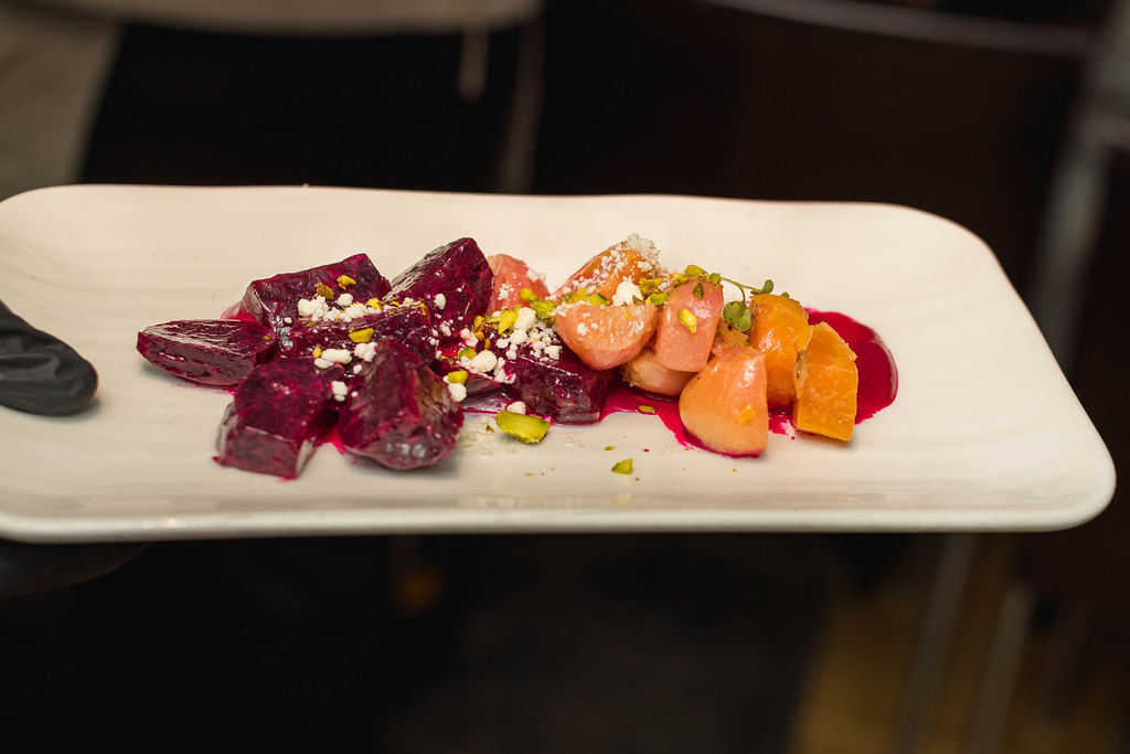 Close-up of elegantly plated beet salad