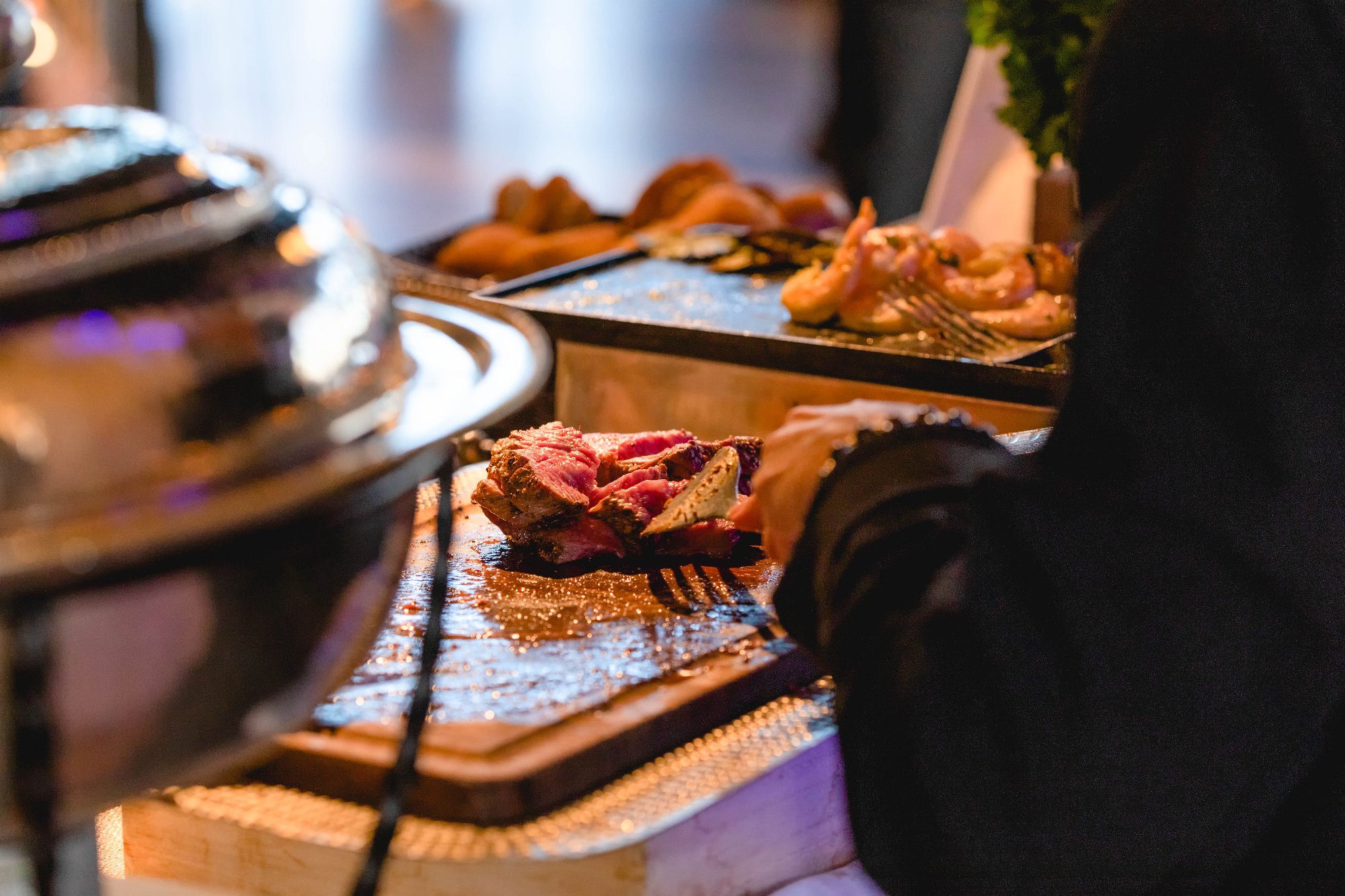 Dim sum station — bamboo steamers, crispy chips, dumplings
